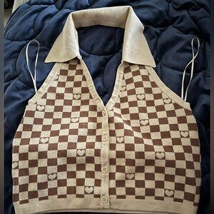 WITTY FOX Brown & Tan Check Sleeveless Collared Sweater Halter Top Womens M.